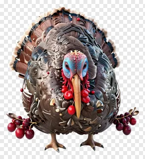 Stylized turkey adorned with cranberries on its head and flanks.