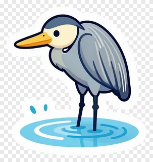 Cartoon gray heron standing in water.