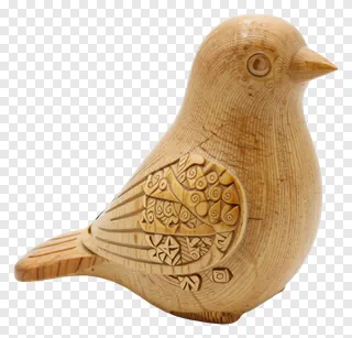 A hand-carved wooden bird with decorative patterns.