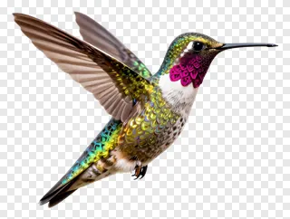 A colorful hummingbird hovering with wings in motion.