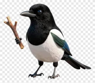 A magpie holding a twig in its foot.