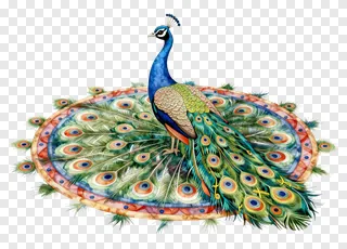 A peacock with its tail forming a circular rangoli pattern.