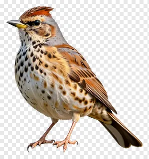 A retro-style thrush bird with spotted chest and orange crown.