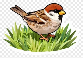 A sparrow perched on grass with a yellow beak and brown head.
