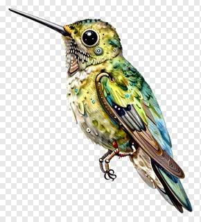 A steampunk-style hummingbird perched on a branch-like structure.