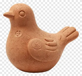 A terracotta bird figurine with decorative carvings.
