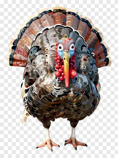 Cartoon turkey wearing cranberries as a headdress.