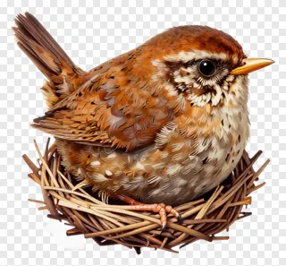 A wren bird sitting in a nest made of twigs.
