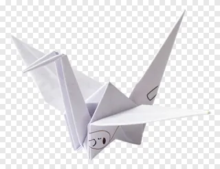 A white paper crane with a drawn face.