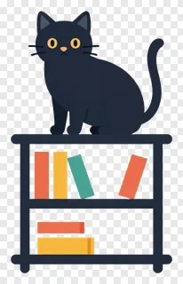 Cartoon black cat sitting on top of a bookshelf.