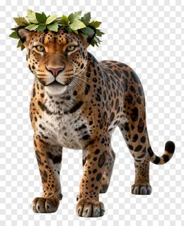 Leopard wearing a wreath of leaves on its head.