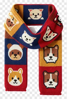 A multicolored knitted scarf with cartoon animal faces.