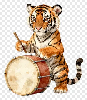 Cute tiger cub playing a drum.