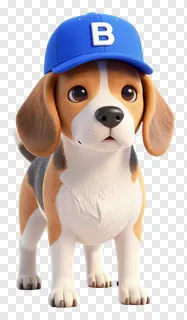A beagle puppy wearing a blue cap with a white 'B'.