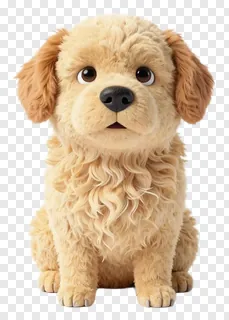 A cartoon dog sitting with big eyes and fluffy fur.