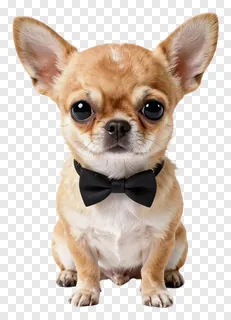 A small chihuahua wearing a black bow tie.