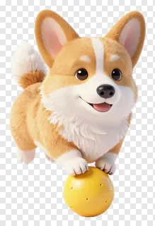 A corgi puppy balancing on a yellow ball.