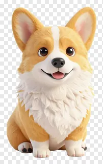 Fluffy corgi sitting and smiling happily.