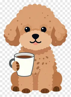 A brown poodle holding a coffee cup.