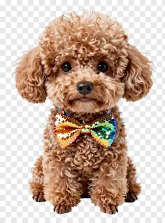 A brown poodle wearing a sequined bow tie.