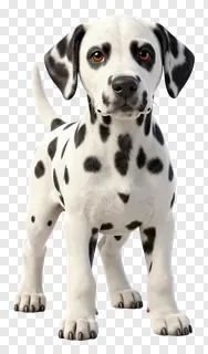 A standing Dalmatian puppy with black spots.