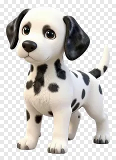 A 3D dalmatian puppy with large eyes and black spots.