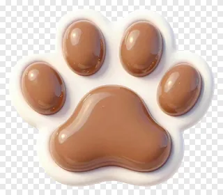 A glossy brown dog paw print with white border.