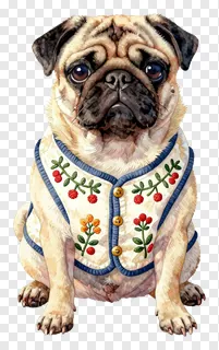 A pug wearing a floral embroidered vest.