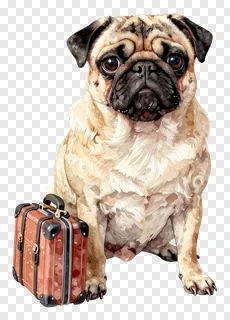 A pug dog sitting next to a miniature suitcase.