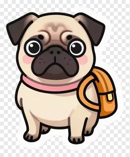 A pug dog wearing a tiny backpack.