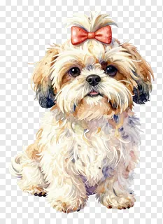 A watercolor painting of a Shih Tzu puppy with a red bow.