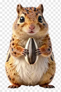 A small chipmunk holds a sunflower seed in its front paws.