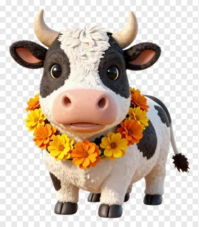 A cute cow wearing a marigold flower garland.