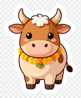 A decorated cartoon cow with a floral crown for Mattu Pongal.