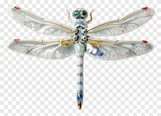 A ceramic dragonfly with glass wings and decorative patterns.