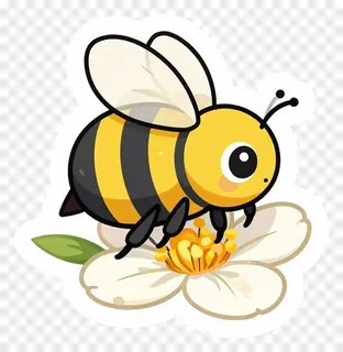 A cartoon bee sitting on a white blossom.