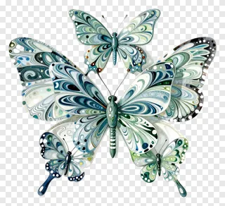 Cluster of stylized butterflies with glass-like marbled wings in blues and greens.