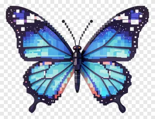 A pixelated butterfly with blue and purple glitch effects.