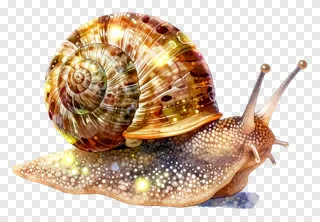 A glowing snail with a sparkling shell crawling on a white surface.