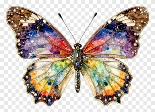 A retro-style enamel butterfly with multicolored wings.