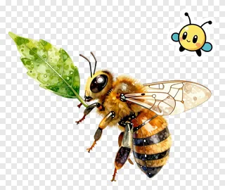 Robotic bee holding green leaf.