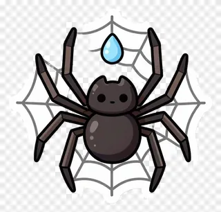 A cartoon spider on a web with a dewdrop.