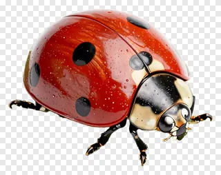 A shiny red ladybug with black spots.