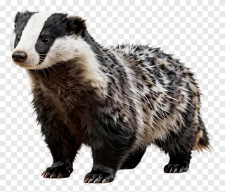 A badger with ruffled fur standing upright.