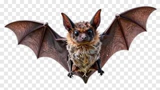A small bat with sparkling fur flying with wings spread.