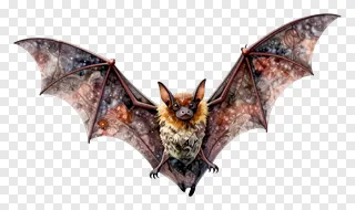 Flying bat with patterned wings featuring stars and swirls.
