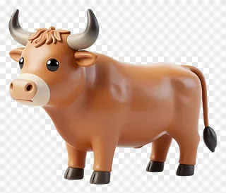 A brown bull statue with curved horns and a white muzzle.