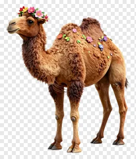A camel wearing a flower crown and decorated with flowers.