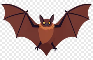 A cartoon bat with brown fur and spread wings.