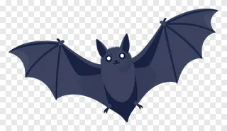 A flying cartoon bat with spread wings.